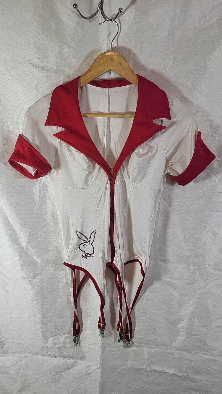 Vintage 2010 Playboy Sexy Nurse Costume Top with Garters Red White Small